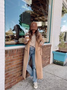 Long Coat Sneakers Outfit, Camel Long Coat Outfit, Camel Wool Coat Outfit, Long Camel Coat Outfits, Sneakers Wardrobe, Long Wool Coat Outfit, Camel Coat Outfit Winter Style, Quarter Zip Sweater Outfit, Pea Coat Outfits