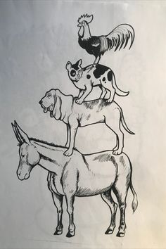 a drawing of two dogs riding on the back of horses with roosters perched on their heads