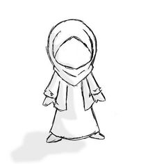 a black and white drawing of a person wearing a hijab, standing in front of a white background