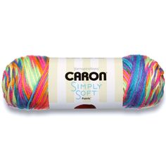 a multicolored yarn ball with the words, caraon simply soft on it