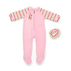 Courtney's™ Strawberry Shortcake™ Pajamas for 18-inch Dolls have pink fleece zip-up feet, raglan sleeves, and come with a matching striped fabric scrunchie. Playful Pink Onesie For Sleep, Playful Pink Onesie For Pajama Party, Playful Pink Onesie For Playwear, Pink Playful Sleepwear Sets, Pink Bedtime Sets, Playful Pink Sleepover Sets, Playful Pink Bedtime Sets, Pink Cotton Onesie For Pajama Party, Playful Pink Sleepwear For Sleepover