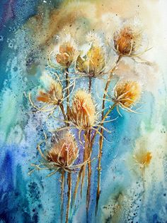 watercolor painting of thistles on blue and green background