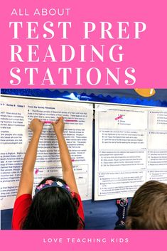 two children reading books with the text all about test prep stations on it and above them