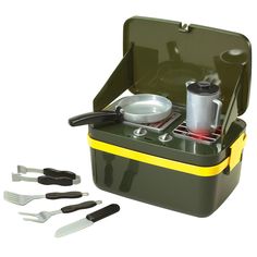 a green and yellow lunch box with utensils