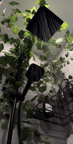 an umbrella is hanging from the ceiling next to some plants