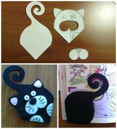 three different pictures of cats made out of felt and paper with the same cat on it's back