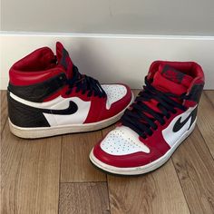 Womens Jordan’s Red White And Black With Snake Skin Size 6 1/2 Slightly Used Air Jordan 1 Colors, Jordan 1 Colors, Cute Jordans, Red Trainers, Air Jordan 1s, Red Jordans, Black Nike Shoes, Jordan 1s, Jordan Red