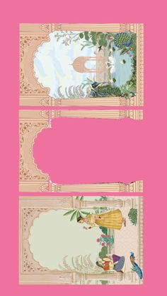 two pink banners with an image of princess and prince in the middle one has a bird on it