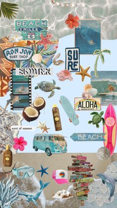 a collage of beach scenes with surfboards, starfish and other things in the background