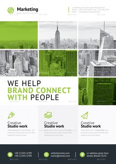 a green and white flyer for a company with many different buildings in the background, including skyscraper