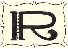 the letter p is drawn in black and white with an ornate border around it's edges