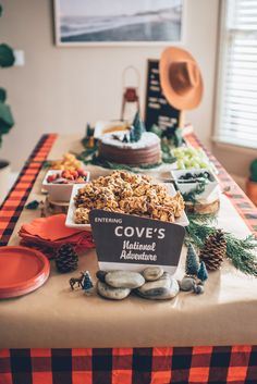 a table topped with lots of food on top of a checkered cloth covered table