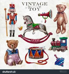 an old fashioned christmas card with teddy bears and toys