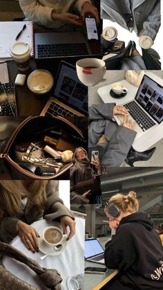 a collage of photos with people working on laptops and coffee cups in front of them