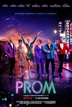 the poster for prom starring actors in colorful outfits and tuxedos, on a city street