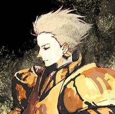 an anime character with white hair and piercings on his head, in front of trees