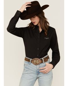 Long sleeves. Spread collar. Button-down placket, pockets, and cuffs. Single patch pocket on left chest with logo embroidery. Round hem. Kimes Ranch, Western Wear Outfits, Western Shirt, Western Shirts, Logo Embroidery, Boots For Sale, Black Design, Western Wear, Embroidery Logo