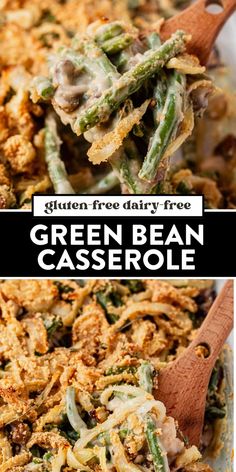 green bean casserole in a white dish with a wooden spoon and text overlay reading gluen free dairy free green bean casserole