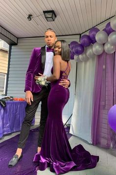 Cheap Sleeveless Open Back Floor Length Prom Dresses - Prom Dresses Purple Prom Couple, Matching Prom Couples, Dark Purple Prom Dress, Red Mermaid Prom Dress, Prom Men, Burgundy Prom, Prom 2023, Purple Prom