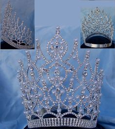 Large Beauty Pageant Rhinestone Adjustable Contoured Pearl Silver Crown - CrownDesigners Crown Display Ideas, Pageant Crown Display Ideas, Betty Boop Jewelry, Quinceanera Crown, Crystal Crown Tiaras, Girls Tiara, Quinceñera Dresses, Pageant Crowns, Queen Jewelry