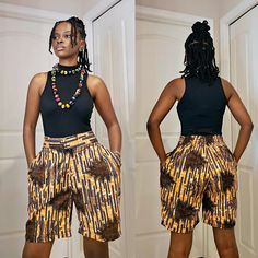 This vibrant authentic Ankara print shorts is the perfect addition to your wardrobe and perfect unique gift for her! Size: 4  Waist: 29" Stretchy  Hips: 36" Height: 19"  Color: Colorful  Material: African print, 100% Cotton. Due to screen resolution, color may appear different than the actual product. Fabric patterns may not look identical due to variances in fabric prints. Each pair may look slightly different from the one pictured, which gives you unique custom beautiful dress made just for you! check out our shop for more African inspired fashion and accessories. https://www.etsy.com/your/shops/NicolorByNicole/ follow us on Instagram for fun behind the scenes! https://www.instagram.com/nicolorfulness/ Thank you for visiting NicolorByNicole. If you have any question, Pease don't hesitate Multicolor Printed Shorts, African Print Shorts, Ankara Shorts, African Pants, African Shoes, African Attire Dresses, Modest Dresses Fashion, Stylish Shorts, Ankara Designs