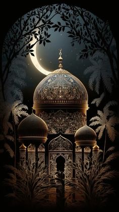 an artistic painting of a mosque with the moon in the background