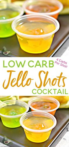 low carb jello shots in plastic cups on a tray with text overlay