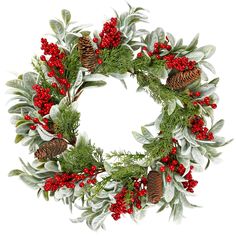 a christmas wreath with pine cones and red berries