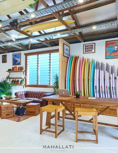 a room filled with lots of surfboards on the wall