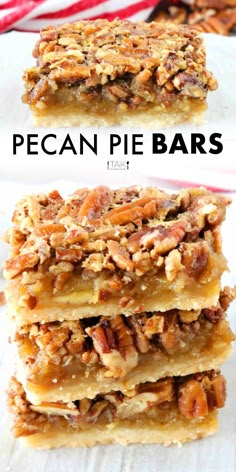 pecan pie bars stacked on top of each other with the words pecan pie bars above them