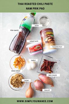 ingredients to make thai chili paste laid out on a white surface with text overlay