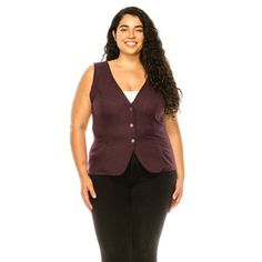 Product Description: Vest with button closure and back tie.This vest features a classic button closure with a complementary back tie for a secure and adjustable fit. Perfect for any event, the hem sits at the hip and provides a timeless look and feel. Approx: Length: 22 in, Bust: 32 in Size based on SMALL 90%POLYESTER, 9%RAYON, 1%SPANDEX Size Chart(Inches) / HVE02104 1XL => Chest: 38-40 / Sleeve: 23.5 / Waist: 30-32 2XL => Chest: 40-42 / Sleeve: 24 / Waist: 32-34 3XL => Chest: 42-44 / Sleeve: 24 Vest With Tshirt, Plus Size Dressy Casual, Plus Size Dressy, Moa Collection, Burgundy Suit, Suit Waistcoat, Plus Size Coats, Tuxedo Suit, Casual Vest