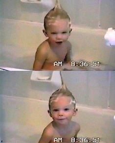 two pictures of a little boy in the bathtub, one with his hair pulled back