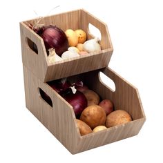 two wooden bins filled with different types of fruits and veggies on white background