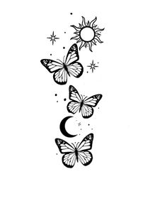 three butterflies flying in the sky with sun and moon tattoos on their back side,