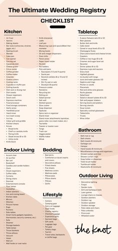 the ultimate wedding registry checklist is shown in black and white, with an orange background