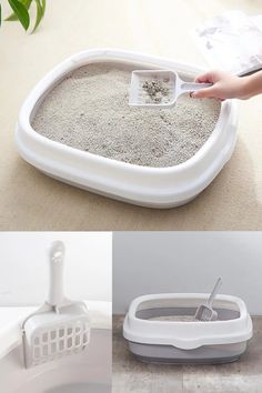 there is a litter box with sand in it