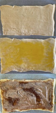 three different types of dough on a baking sheet, one is yellow and the other is brown