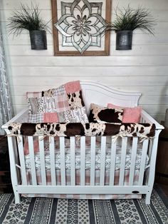 You are going to Love this 😍 Girl Crib Bedding - Rosegold Check and Cow Minky Western Baby Bedding Nursery Collection 😍  by DBC Boutique  Proudly Designed and Made in the USA for you! Western Baby Bedding, Girl Crib Bedding, Cowgirl Nursery