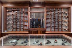 Gun Room - Transitional - Basement - Charlotte - by Bella Rosetti's Home Interiors | Houzz Add On Master Suite, Transitional Basement, Knife Display Case, Knife Display, Man Cave Design, Showroom Interior Design, Walnut Cabinets, Super Car