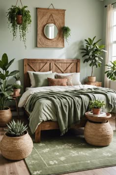 a bedroom with green walls and plants on the bed, along with potted plants