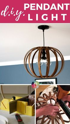 the diy pendant light is made from wood strips and paper plates, with text overlay that reads diy pendant light