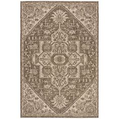 a brown and beige rug with an intricate design