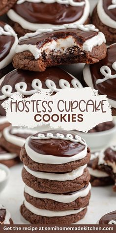 cookies with chocolate frosting and white icing are stacked on top of each other