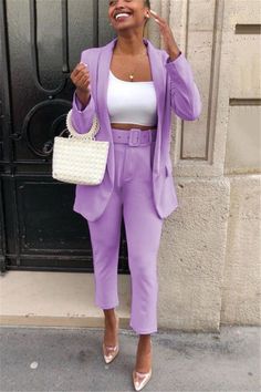 Purple Two Piece, Sparkly Prom Dress, Purple Suits, Stylish Celebrities, Black Two Piece, Purple Pants, Purple Outfits, Two Piece Pants Set, Long Blazer