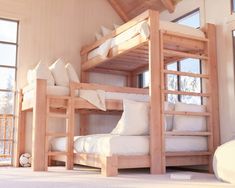 bunk beds in a room with windows and white carpet