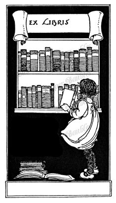 an old black and white drawing of a girl looking at books in a bookcase