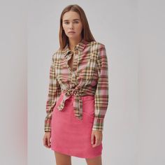 The Fifth Label Grid Check Shirt Sage With Pink Button Down Shirt Tie At Waist Long Sleeve New With Tags Preppy Pink Tops For Fall, Chic Pink Tops With Button Closure, Chic Pink Top With Button Closure, Pink Collared Shirt With Buttons, Casual Pink Blouse With Button Closure, Pink Preppy Tops For Workwear, Casual Pink Tops For Work, Chic Pink Cotton Shirt, Chic Pink Shirt For Daywear