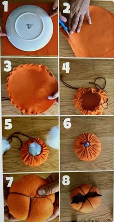 instructions to make an orange pumpkin pillow with pom poms on the top and bottom