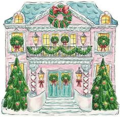 a drawing of a pink house decorated for christmas